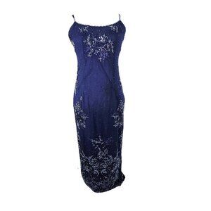 Vintage Adrianna Papell Navy Blue Silk Beaded Long Formal Ball Gown Prom Dress